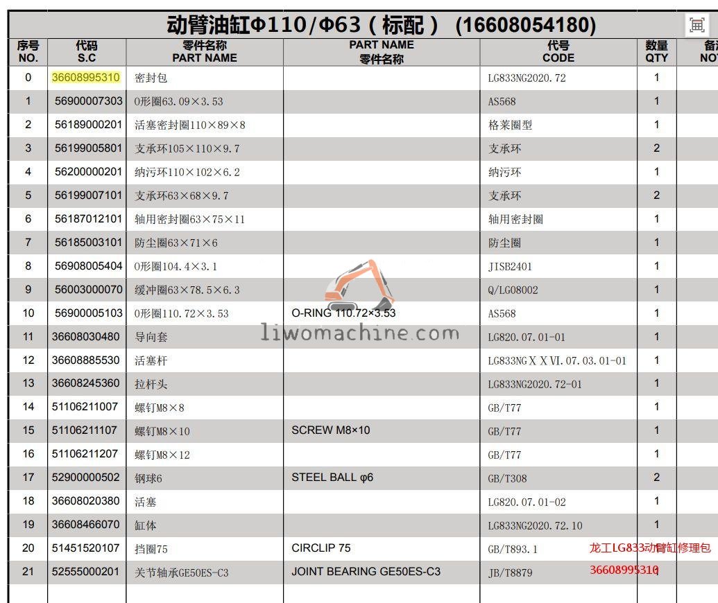 XCMG 36608995310 龙工LG833动臂缸修理包 - Professional Construction Machinery Parts