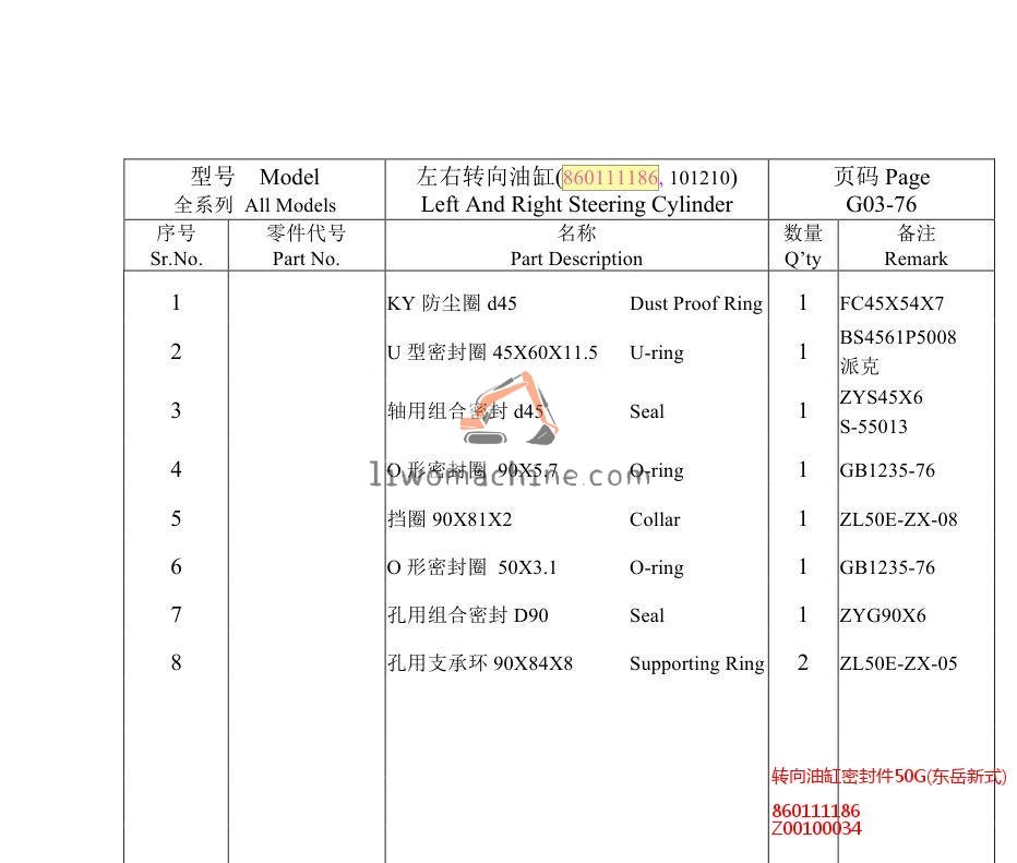 XCMG 860111186 转向油缸密封件50G(东岳新式) - Professional Construction Machinery Parts